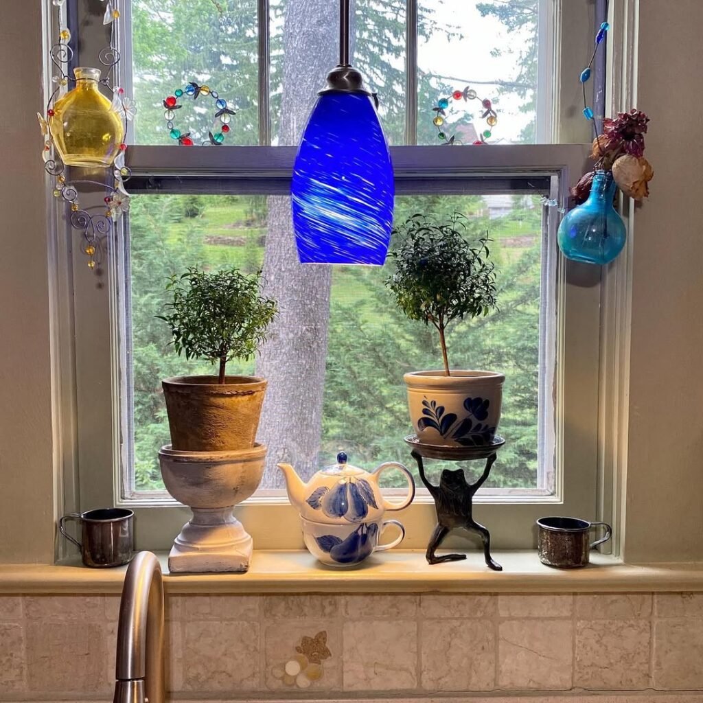 Myrtle Topiaries with Vintage Blue Accents
